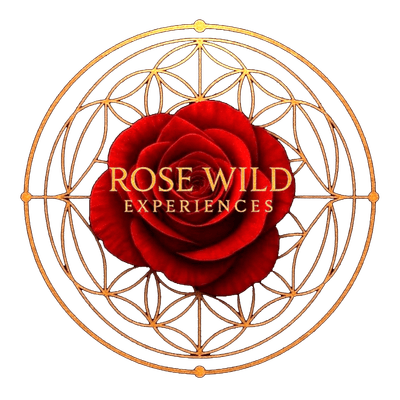 A logo for rose wild experiences with a red rose in the middle.