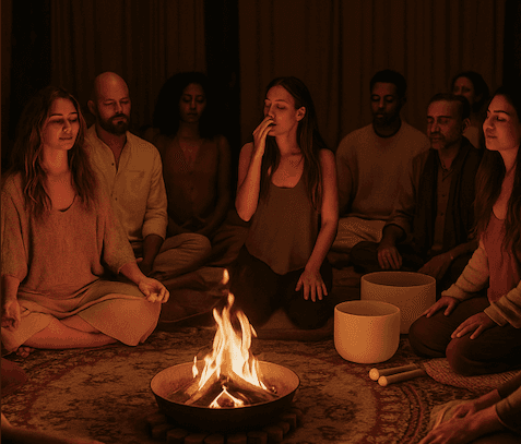 Community gathering around fire